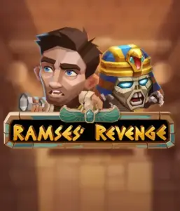 Uncover the mysterious world of the Ramses' Revenge game by Relax Gaming, showcasing a startled explorer and a fierce mummy against an Egyptian tomb backdrop. This graphic depicts the drama of tomb exploration, perfect for fans of Egyptian-themed slots, offering a gripping escape. 